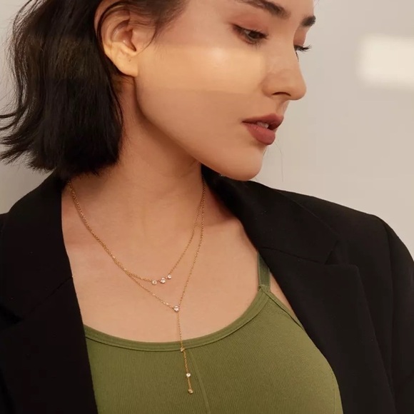 18K Gold Plated Cubic Zirconia Layered Long Pendant Necklace - Picture 1 of 9